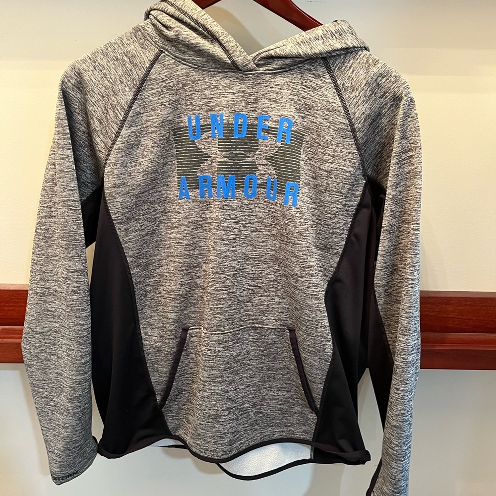 XL Under Armour Heather Gray and Black Hoodie with Blue Logo